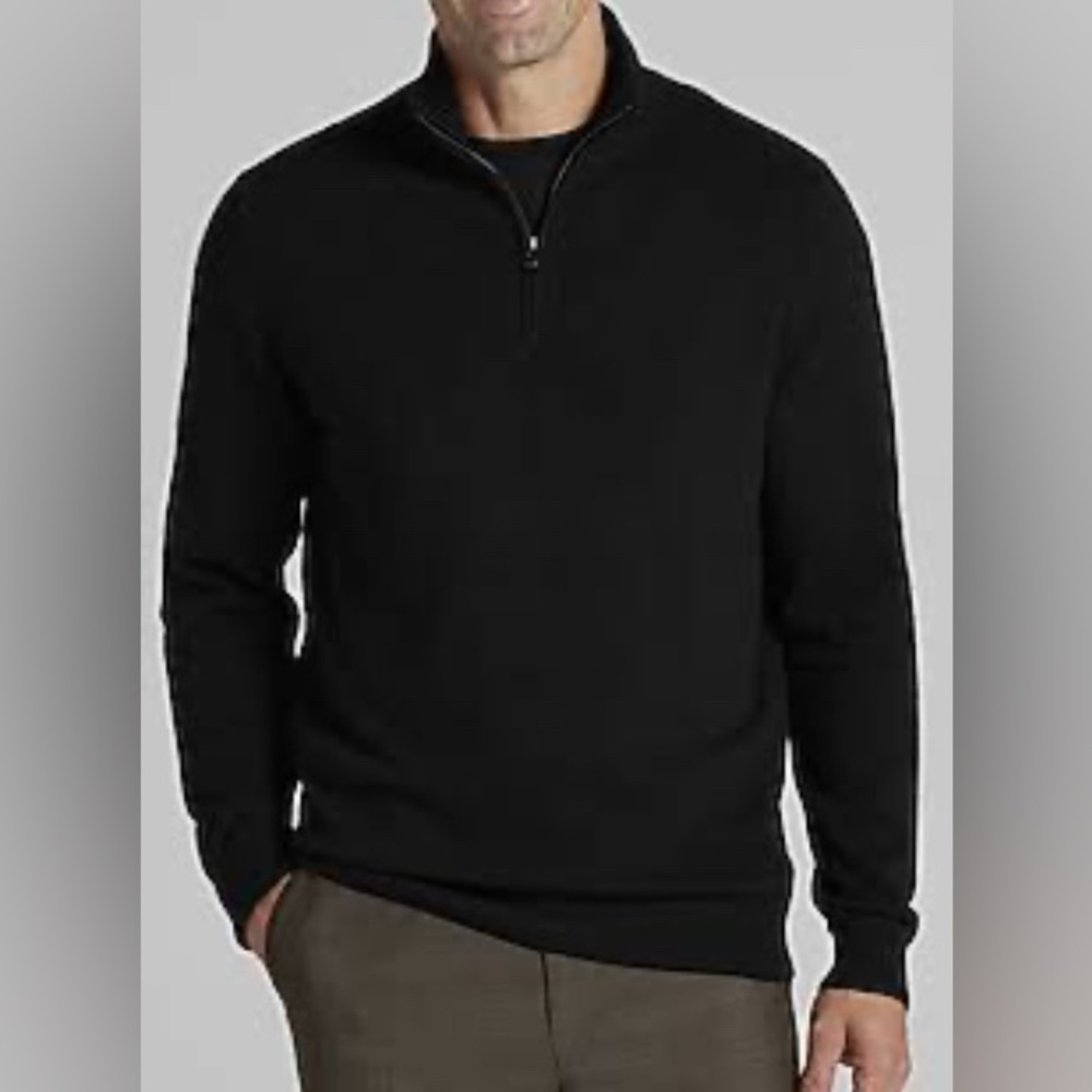 Jos A Bank Ribbed Knit Quarter Zip Pullover Sweater Black Size XL 25”ptp💎EUC